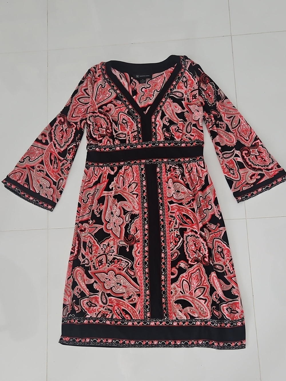 INC International Concepts Black, Red and Coral Paisley V-Neck Long Sleeve Dress